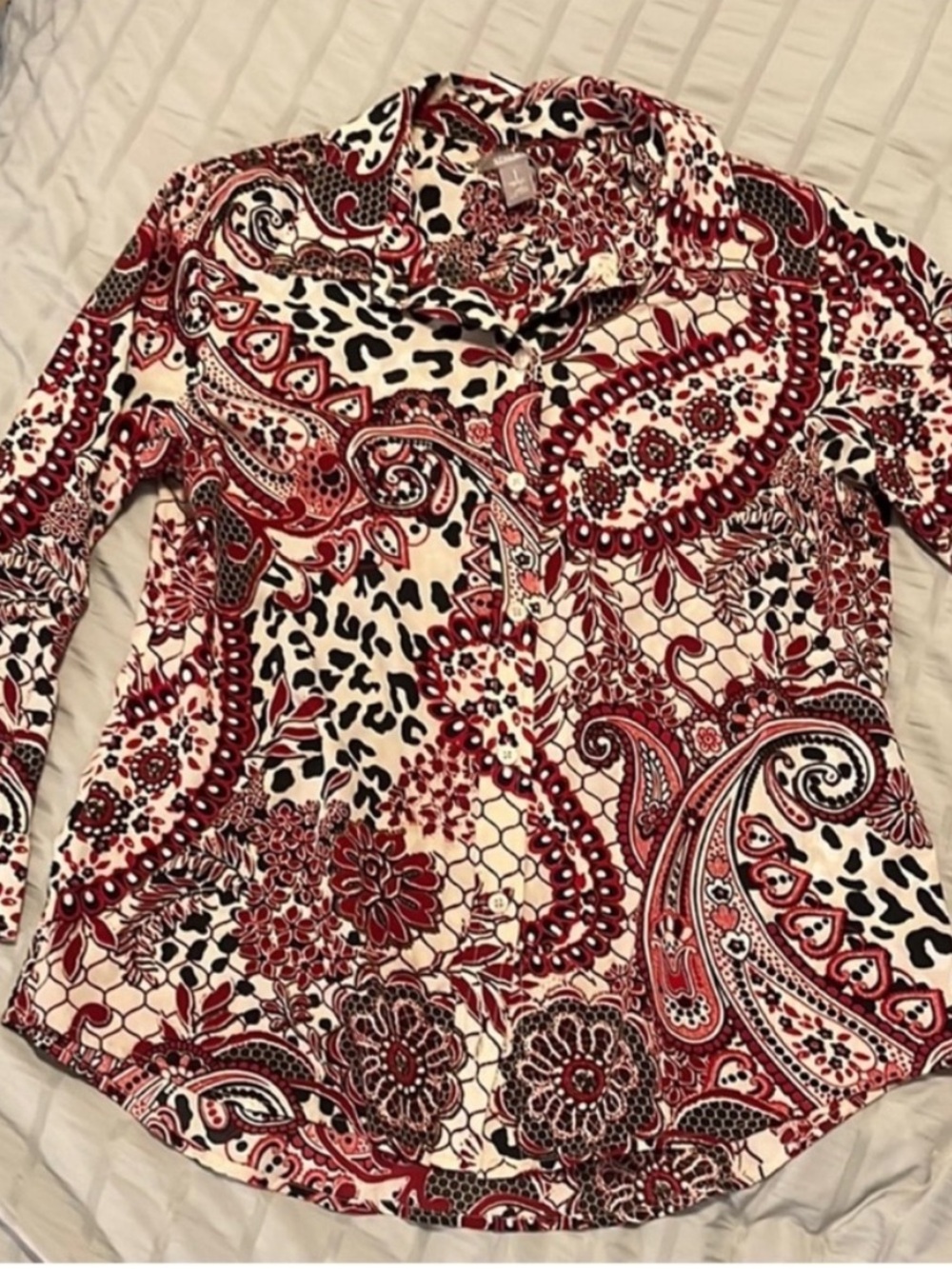 Chicos Paisley button-down blouse red white black pattern 1